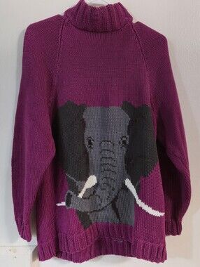 100% Cotton sweater Animal print Elephants Med Purple Turtleneck